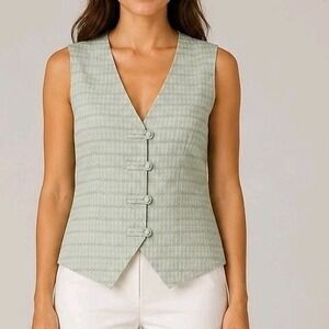 VTG Patchington Vest Small Sage Green Textured Slub Stripe Lined USA 80s 90s